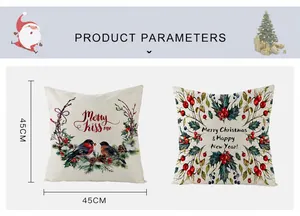Detalle de fundas de cojín navideñas con motivos de acuarela de pájaros y bayas de invierno