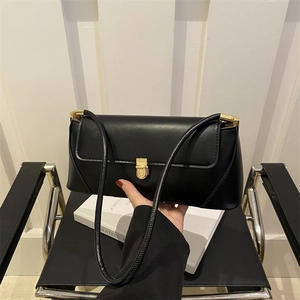 Women Niche Design Baguette Underarm Bag PU Leather Minimalist Single Shoulder Purse With Gold Metal Buckle Lock