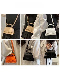 Collage of mini crossbody bags in beige, white, orange and black colors on model