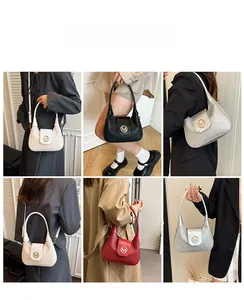 Collage of chic woven moon bags in four colors showing various carrying styles