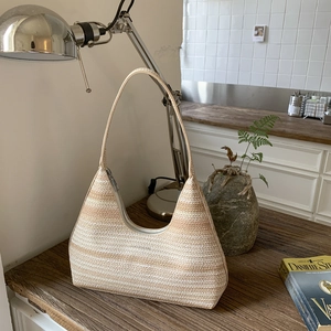 Dames Regenboog Gestreept Geweven Stro Schoudertas Grote Capaciteit Hobo Okseltas Voor Strand Vakantie Casual Trendy Handtas