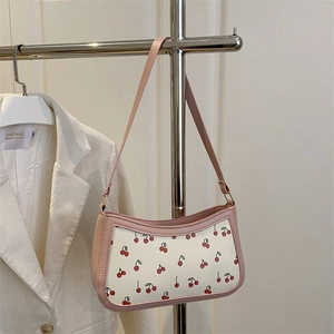 Women Cherry Print Underarm Bag PU Leather Casual Shoulder Bag Sweet Small Square Handbag Fashion Zipper Daily Purse