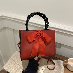 Sac À Main Femme Mode Simili Cuir Grande Décoration Nœud Poignée Tressée Sac À Bandoulière Carré