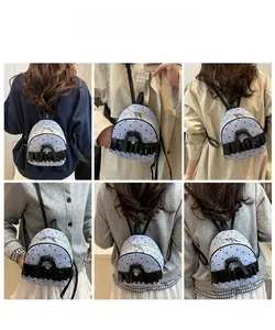 Vues multiples d'un mini sac à dos bleu à pois avec nœud noir et pendentif cœur