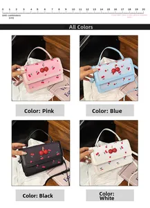 Dettaglio della borsa a tracolla con decoro ciliegia 3D nei colori rosa, blu, nero e bianco