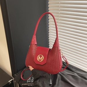 Woven PU Leather Hobo Handbag Golden Metal M Logo Shoulder Crossbody Bag For Women Minimalist Daily Accessory