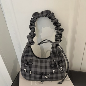 Women Gingham Ruffled Shoulder Bag Bowknot Beaded Underarm Bag Sweet Casual Hobo Bag Polyester Fabric Crossbody Bag