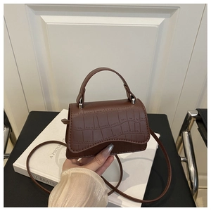 Detailed view of brown crocodile texture leather and silver hardware on a mini square bag