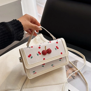 Sweet Cherry Print PU Leather Small Square Bag With 3D Rhinestone Decoration Women Handbag Shoulder Crossbody Bag