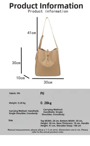 Size chart showing PU leather shoulder bag dimensions with strap length and weight details