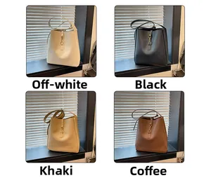 Detail showing four minimalist bucket bags in cream, black, khaki, and brown matte leather