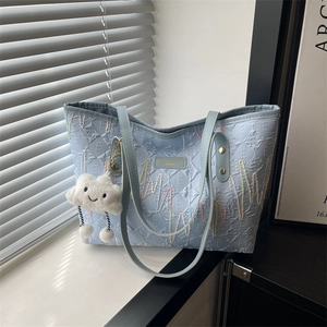Borsa Tote da Donna di Grande Capacità Ricamo Ondulato Colorato Borsa a Tracolla Strutturata Ciondolo a Nuvola Semplice Borsetta