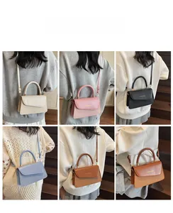 Collage of chic women's square cross-body bags in six colors with woven texture details