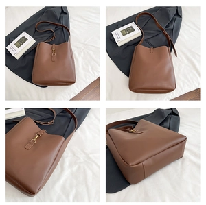 Four-angle view of a brown leather bucket bag featuring a gold buckle and adjustable strap