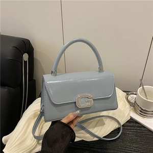 Light blue faux leather square handbag with rhinestone G-buckle and shoulder strap
