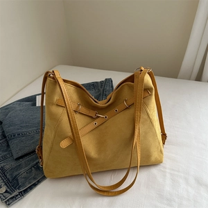 Women Retro Suede Large Capacity Tote Bag Minimalist Commuter Shoulder Bag Metal Buckle Cross Strap Casual Handbag
