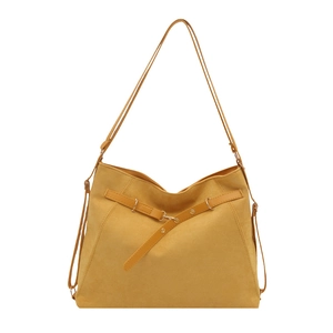 Retro mustard yellow large capacity tote bag with suede texture and metal buckles