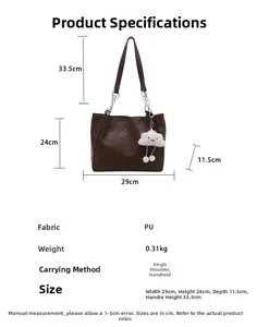 Detailed dimension guide for dark brown PU tote bag with a white cloud pendant