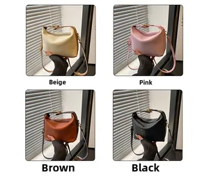 Detailed four-color collage of pleated texture handbags in beige, pink, brown, and black