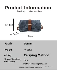 Detailed size chart for denim baguette bag showing dimensions 26x13.6x6.5cm and strap info