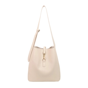 Minimalist cream white leather bucket bag with gold clasp and adjustable strap