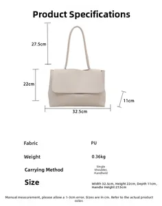Detailed size chart for the beige PU tote bag showing dimensions and handle height