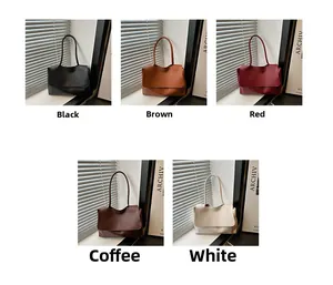 Minimalist leather shoulder bags shown in five elegant colors under soft natural light