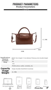 Detailed size specifications for the brown PU leather dumpling bag with crossbody strap