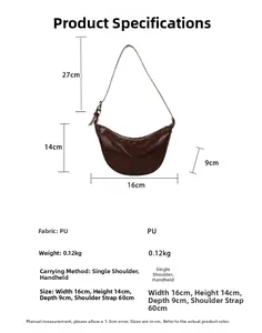 Detailed size and material guide for dark brown crescent-shaped PU leather handbag