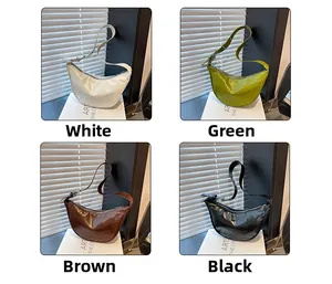 Detail view of stylish crescent hobo bags in white, green, coffee, and black glossy leather