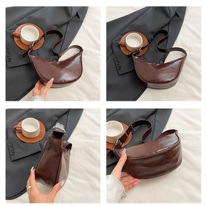 Detailed four-angle view of a vintage dark brown crescent bag in high-quality faux leather
