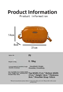 Detailed size specifications of mustard yellow PU crossbody shell bag with metal rivets