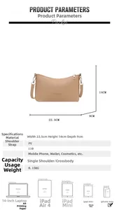 Detailed size specifications for beige PU crossbody bag showing dimensions and capacity