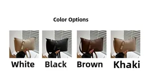 Minimalist leather shoulder bags shown in white, black, brown and khaki colors
