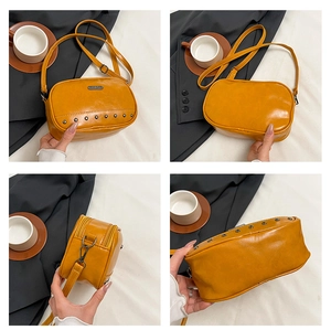 Detailed views of a yellow PU leather crossbody bag featuring silver rivet accents