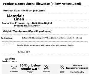 Detailed size guide for 45x45cm linen pillowcase with washing instructions and icons