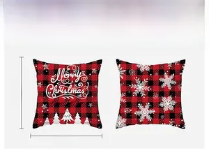 Detail view of 45x45cm red buffalo plaid Christmas pillow cover with snowflake design