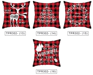 Detail view of four Christmas buffalo check pillow covers with reindeer and tree patterns