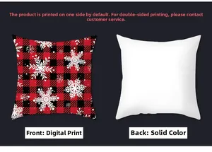 Detail of red buffalo plaid Christmas pillowcase with snowflake pattern and white back