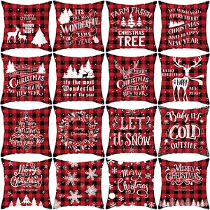 Christmas Buffalo Plaid Pillowcase Peach Skin Fabric Cushion Cover Elk Tree Snowflake Print Festive Home Decor
