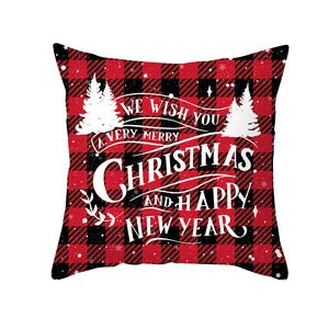 Red buffalo plaid Christmas pillowcase with white holiday tree and festive greetings
