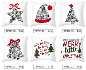 Set of 6 white Christmas pillow covers featuring festive trees and red stars patterns