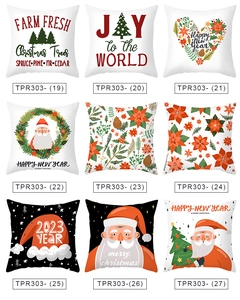 Detailed grid of nine Christmas pillow covers featuring Santa Claus and holiday slogans