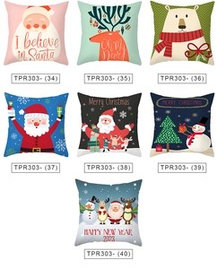 Detailed grid of festive Christmas pillow covers with Santa and reindeer cartoon patterns