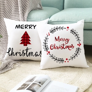 Set of two Christmas pillow covers with red plaid tree and Merry Christmas print