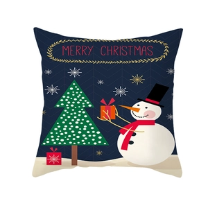 Cartoon snowman Christmas pillow cover with snowflake and gift patterns on blue background