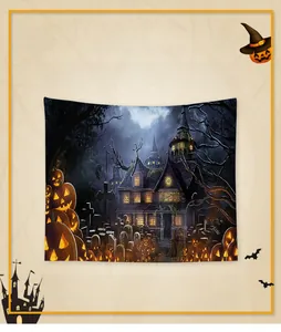 Detailed close-up of a Halloween tapestry featuring a spooky manor and glowing pumpkins
