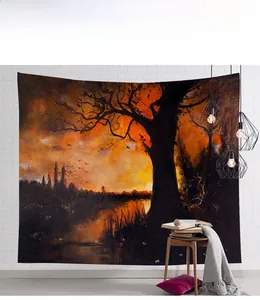 Detail of Halloween tapestry showing autumn forest at sunset on a brick wall