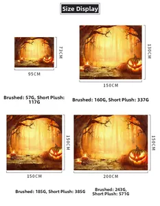 Detailed size chart for Halloween wall tapestry showing weight in brushed and plush fabrics