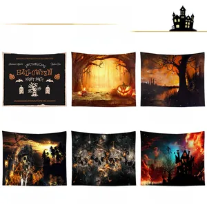 Detailed grid showing six Halloween tapestries with pumpkin, skull and witch castle prints